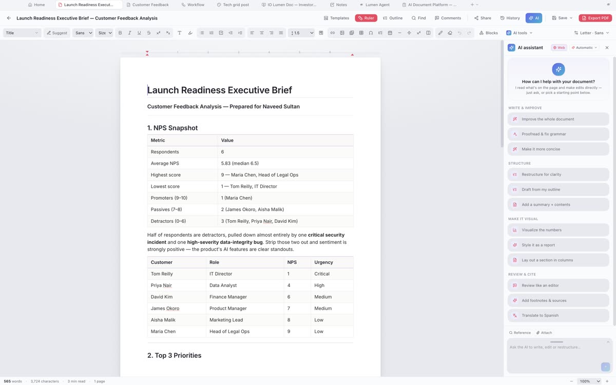 Lumen Agent working through a multi-step job with its plan visible