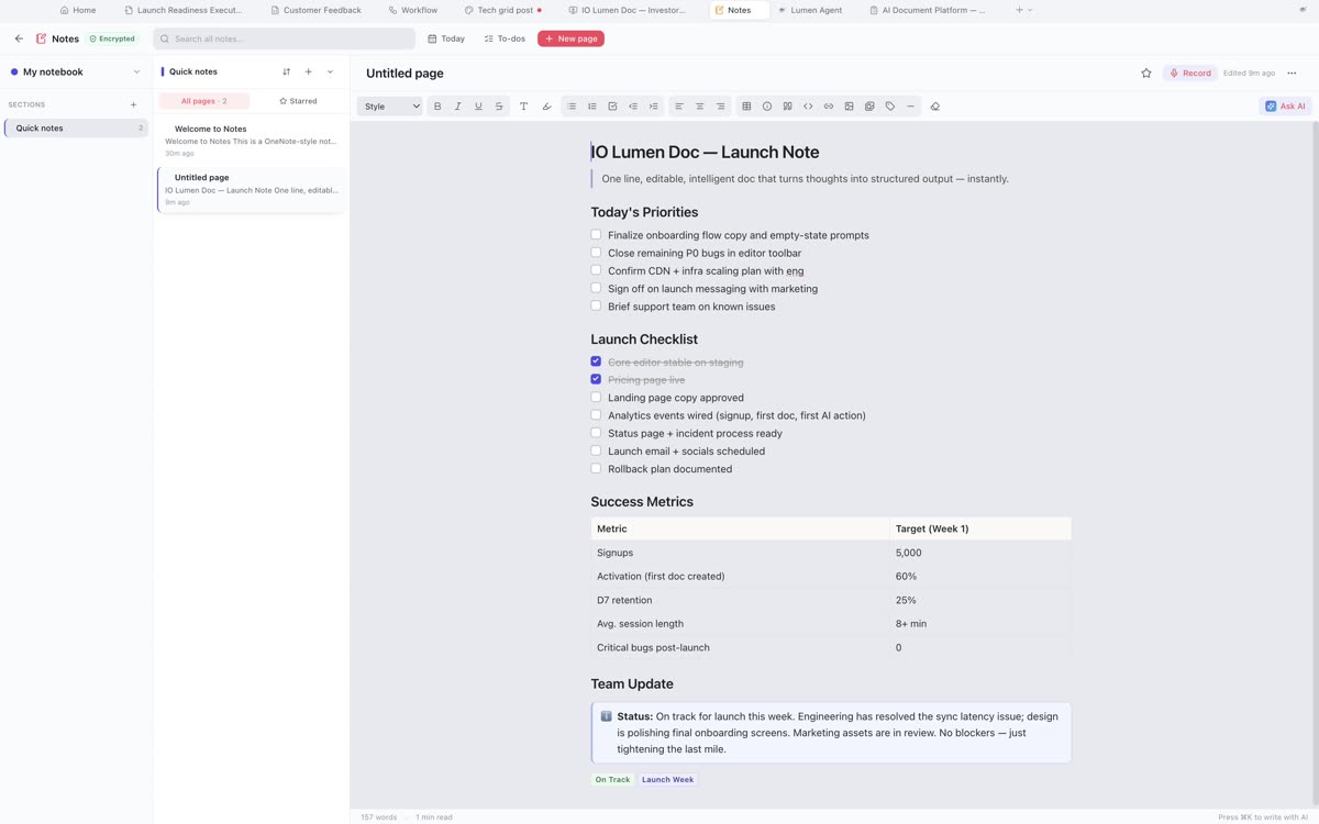 A LumenNotes page holding a checklist, a metrics table and a status callout